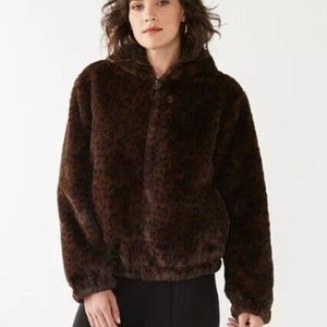 LAST ONE Nine West Womens Faux Fur Hooded Jacket Brown Animal Print Cheetah MED